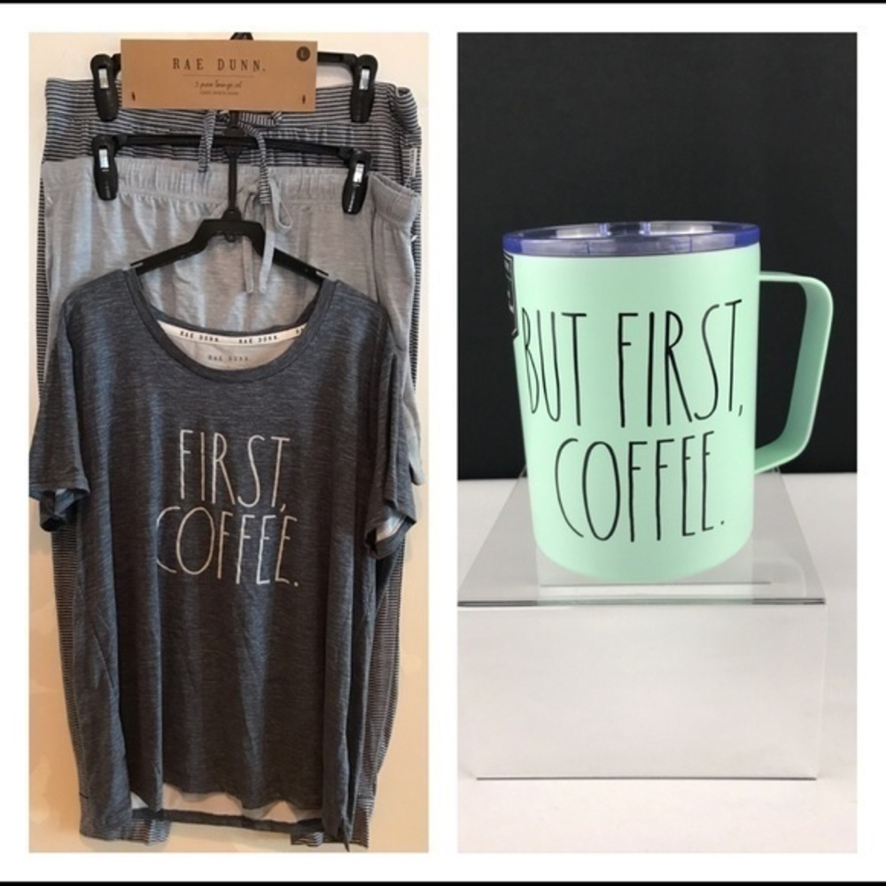 Rae Dunn - ‘First Coffee’ PJ set/Insulated mug. Large. NWT.